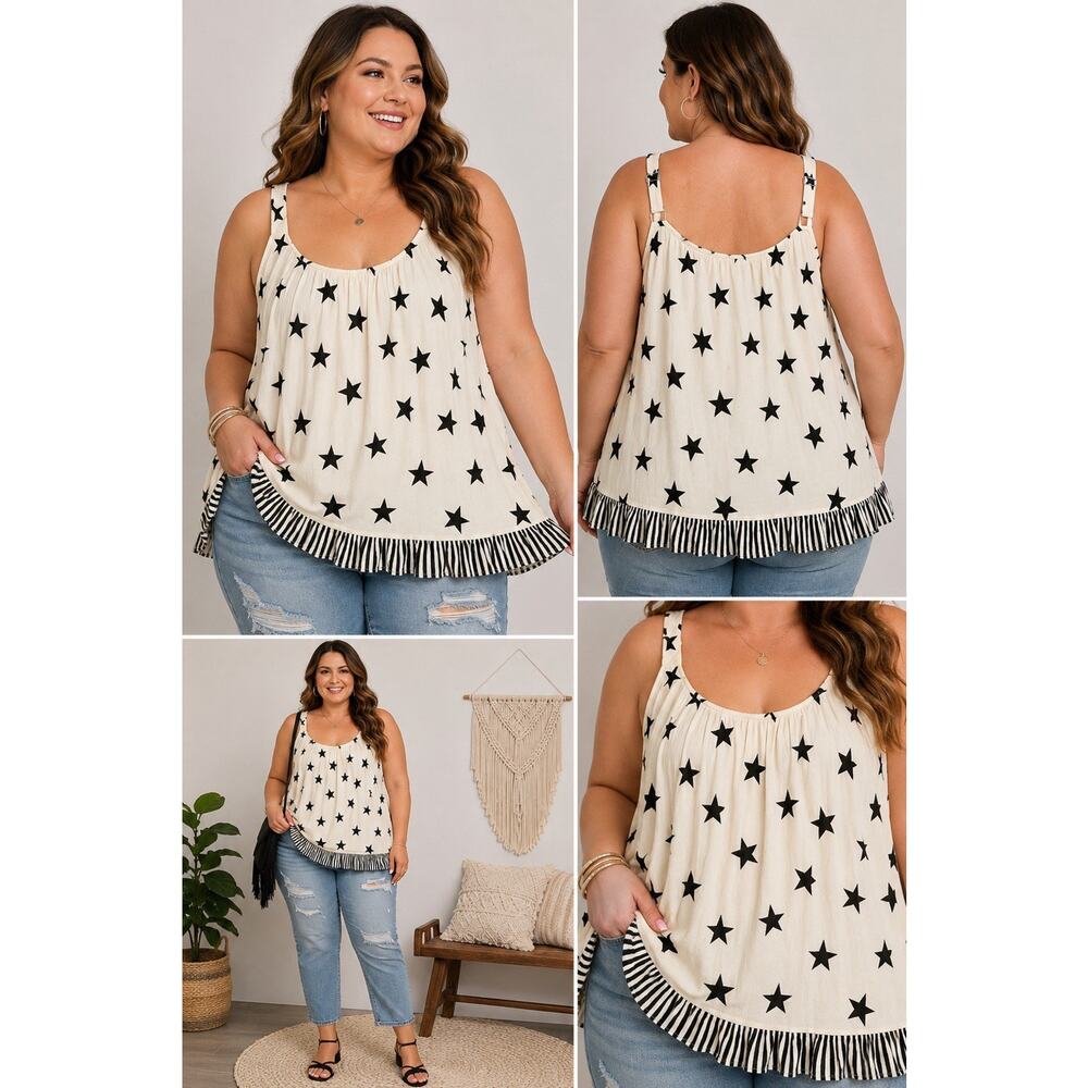 NWT Lane Bryant Size 22 Star Print Ruffle Hem Tank Top Boho Swing Cami July 4